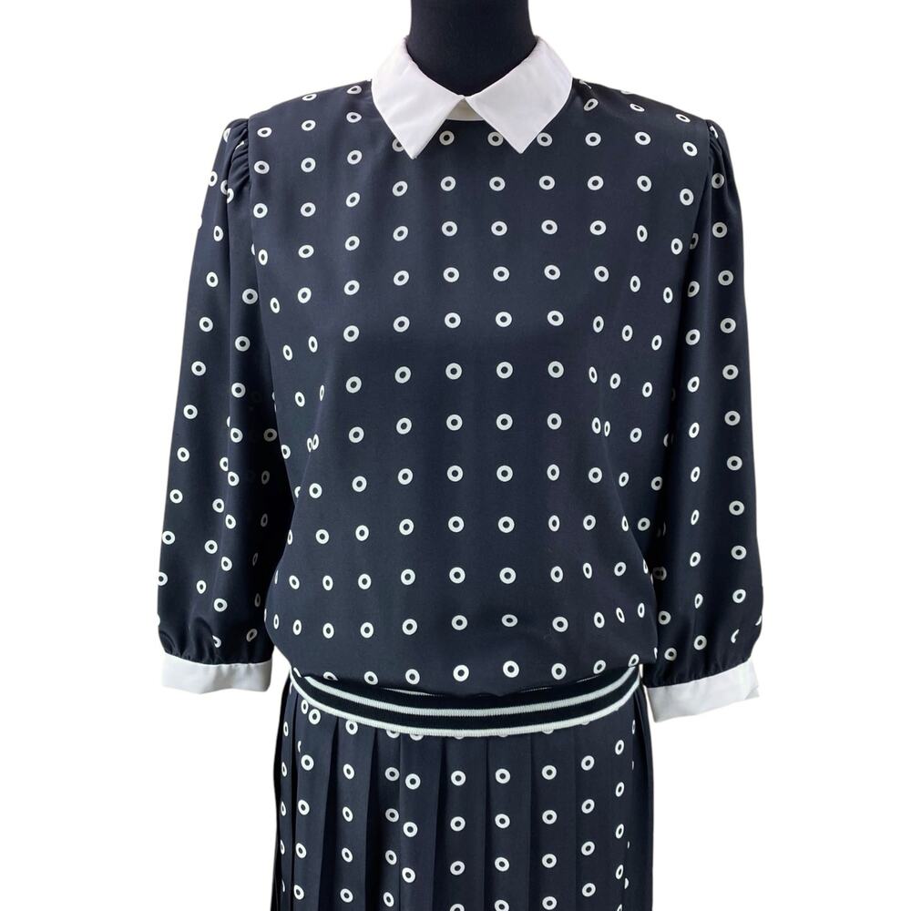Vintage 80's Drop Waist Midi Dress Size 10 Black White Polka Dots Pleated
